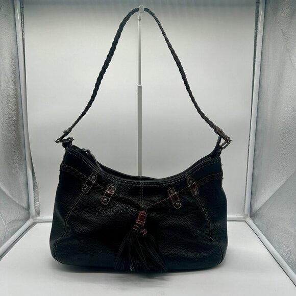 Brighton Leather Woven Tassel‎ Shoulder Bag Black Brown Rectangle Pockets Zipper - Picture 2 of 11